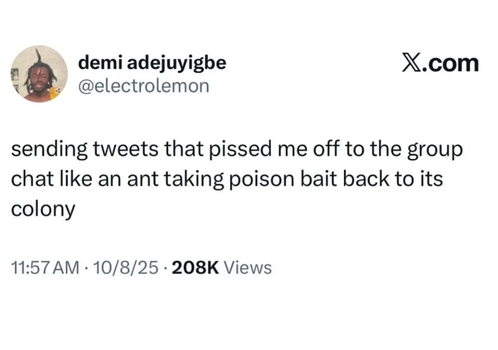 demi adejuyigbe @electrolemon
X.com
sending tweets that pissed me off to the group chat like an ant taking poison bait back to its colony
11:57 AM • 10/8/25 • 208K Views