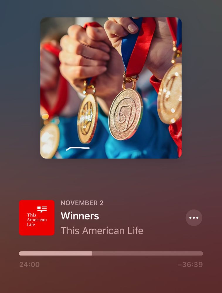 Most recent episode of this American life called winners released on November 2. The art for the episode shows hands holding gold medals, it looks strange in certain details, like it could be AI.