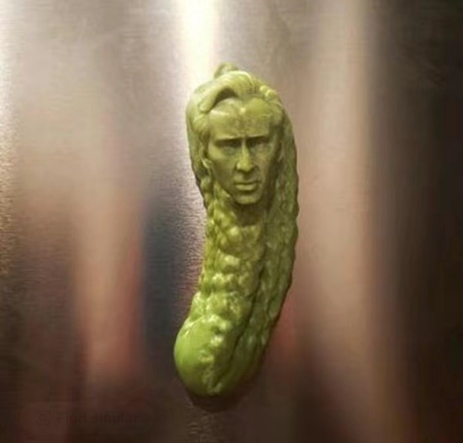 A refrigerator magnet in the shape of a pickle with Nicholas Cage’s face on it. Pickolas Cage.