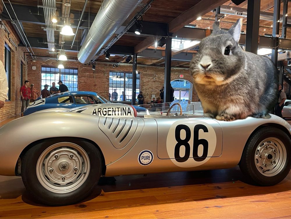 Large rabbit photoshopped onto the hood of a classic Porsche racecar 