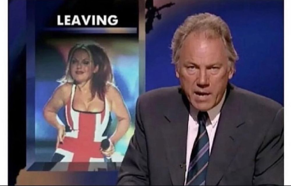 A newsreader reports on ginger spice leaving the Spice Girls in the 1990s, she is wearing her trademark union Jack dress