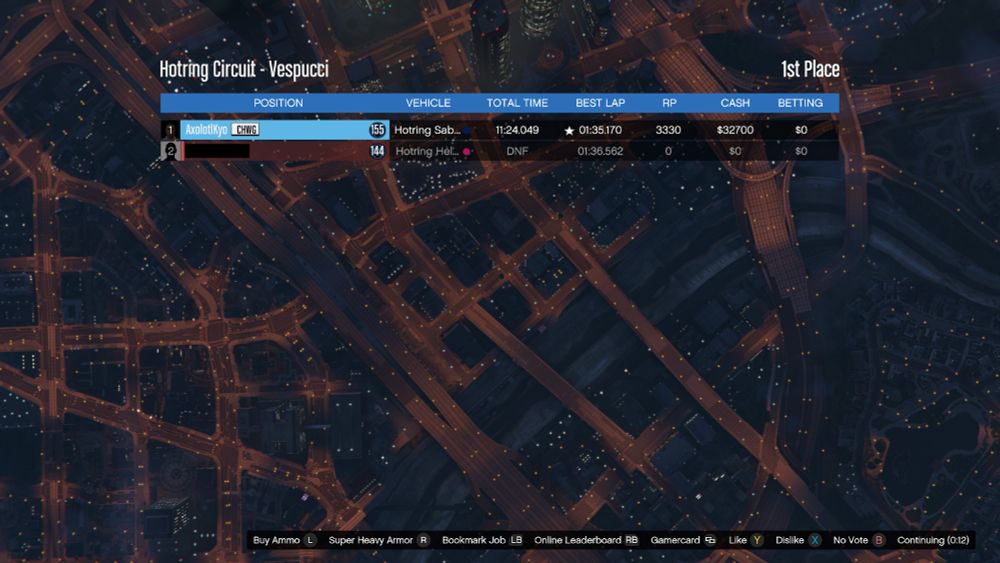 GTA Online Job results screen showing one player having finished the race