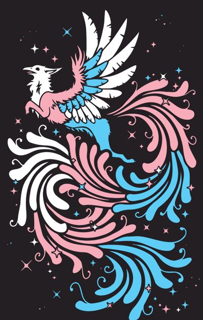 A stylized Cielle, a resplendent quetzal snow leopard gryphon with a very long tail, in the trans pride colors.