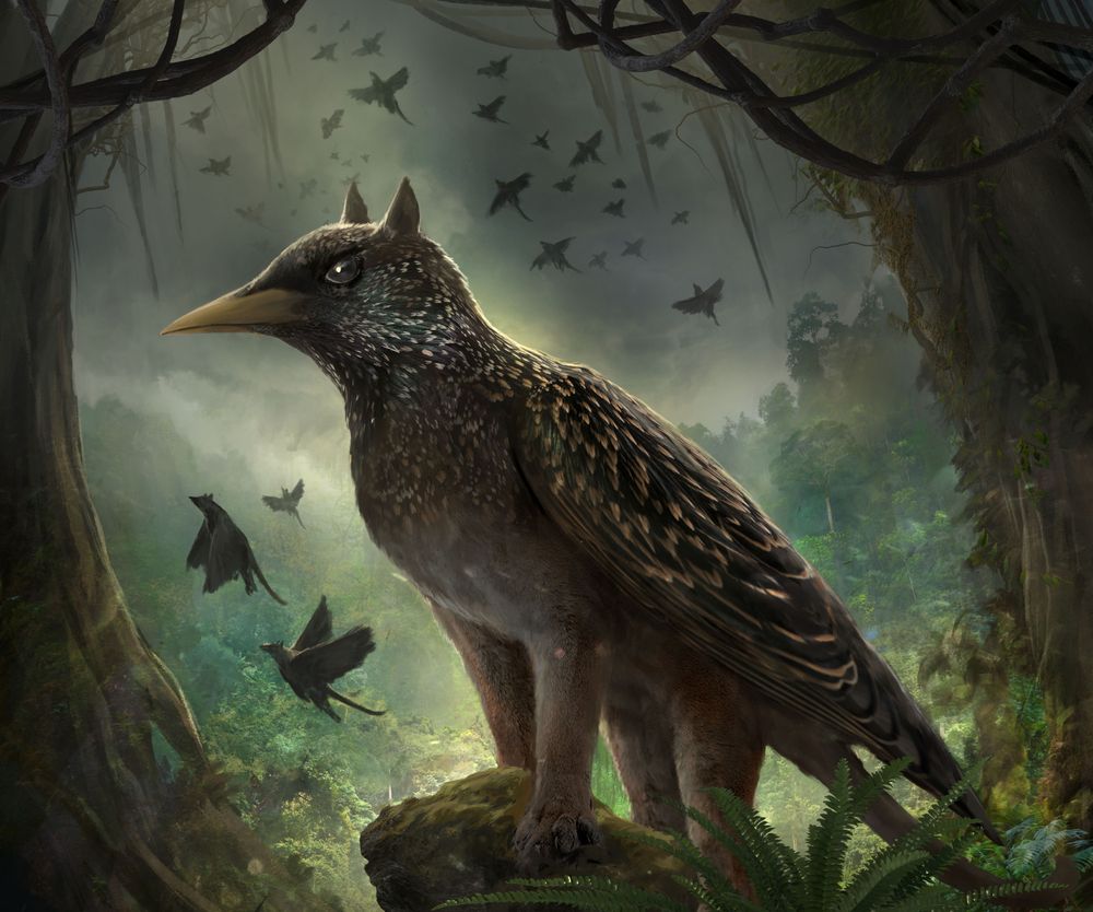 The pridelord of the Emerald Jungle sitting atop a mossy rock with a murmuration of starling gryphons filling the skies behind him. Art by Jeff Brown, from the cover of Pridelord by K. Vale Nagle.