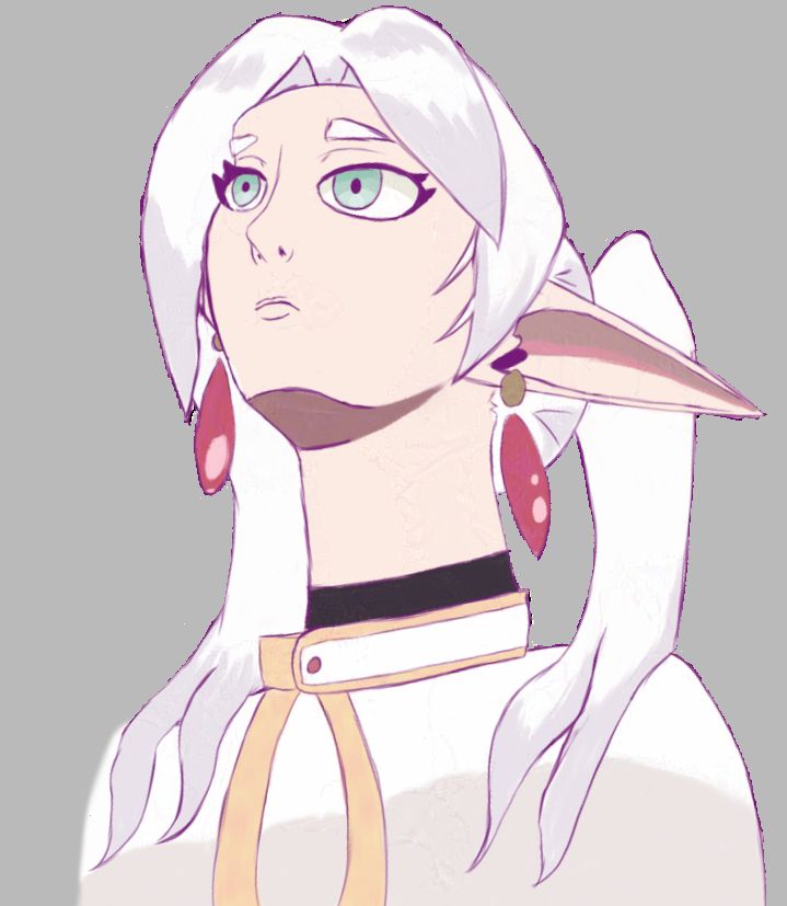 worm eye view of frieren, a white haired elf character with long ears, twintail hairstyle, green eyes, red gem earrings, wearing a white robe with gold trim looking up in a gray background