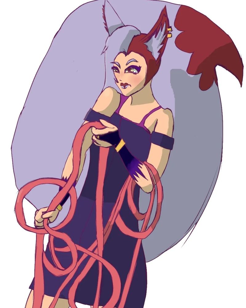 Chareon Vulpecula, a red and purple fox kemonomimi in a purple dress tries to untangle herself from a long pink cord.
