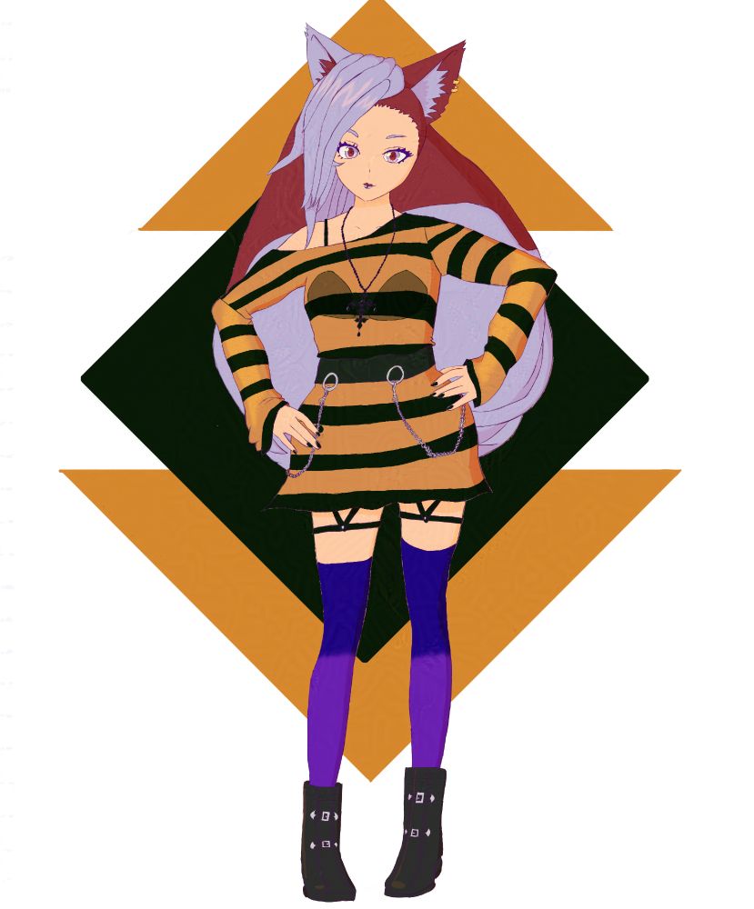 Chareon Vulpecula fox form purple and red haired fox girl with side shaved hairstyle and purple tail with red tip wearing orange and black striped sweater, black fingernails, black belt, chains coming off from belt, purple and blue thigh high socks, black combat boots with silver buckles with hands on hips in front of a geometric background of two orange triangles and a black diamond which is in front of a white background.