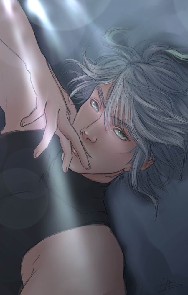A colored sketch of Alhaitham from Genshin Impact in a simple black sleeveless turtleneck shirt. He’s laying on his back as if taking a selfie in bed, two fingers on the visible hand resting against his lips.