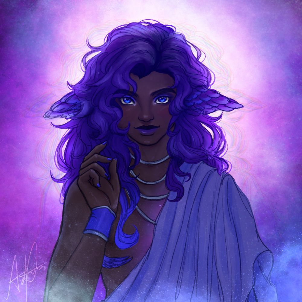 A trans man with feathers growing where too surgery scars would be, one hand raised in an almost holy gesture, is seen standing in front of a glowing purple, pink, and blue nebula. He has dark skin, long royal purple hair, bright purple wide eyes, and purple lipstick. There’s a faint smile on his face and a look of knowing in his eyes. In place of human ears, he has small feathered wings. The feathers are the same royal purple as his hair and have blue tips. The man is wearing several silver necklaces, a lavender robe draped over one shoulder that shimmers, and a purple and silver wide bracelet on his raised hand.