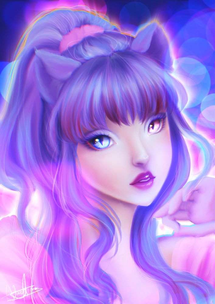 A purple haired catgirl with one pink eye and one blue eye. She has bangs that reach the top of her lashes and long side pieces with red streaked through. The rest of her hair is gathered in a high ponytail secured with a pink scrunchie. The background a dark purple at the top then fades to pink at the bottom, with a lot of luminescence and bokeh effects surrounding the character. She gives the impression of an anime pop idol.