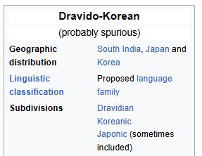 it's a wikipedia infobox detailing the dravido-korean language family, including dravidian, koreanic, and japonic languages. it is noted as probably spurious