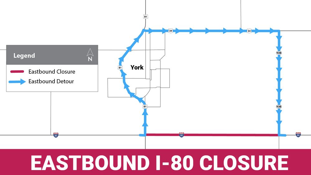 Map showing the closure of Eastbound I-80 and an alternate detour route through York. The closure is marked in red, and the detour is highlighted in blue.