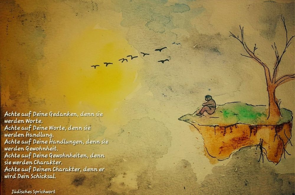 Rechts ein Stk fliegendes Land mit Baum und Wiese, darauf sitzt ein Mensch in Grau, der die Sonne und die Wolken beobachtet, am Himmel fliegen Vögel