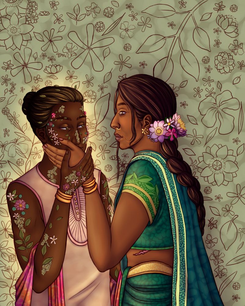 The same drawing but with a pale green brackground. The plant patterns on the background are more visible in this one. There is light emanating from Priya and shade from Malini.