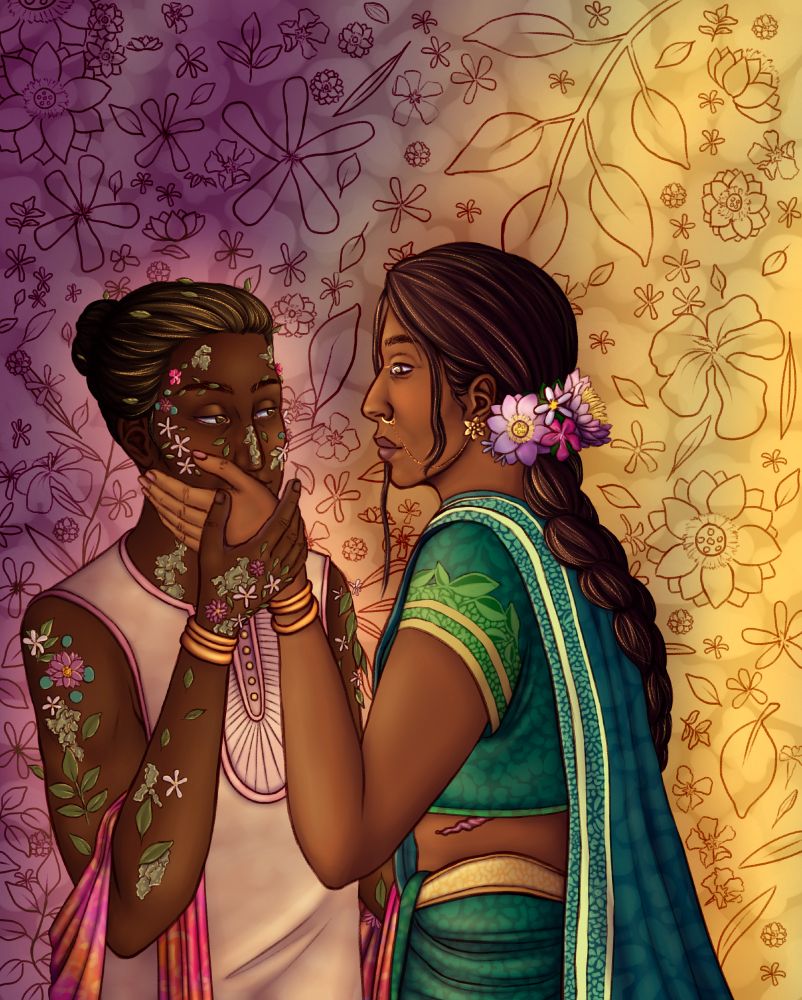 In this one, the background is a gradient from purple to gold, with the plant patterns being very pronounced.