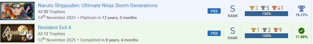 Platino de Naruto UNSG y 100% de Resident Evil 4.