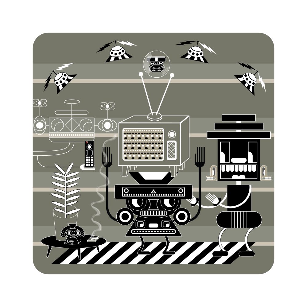 Illustration of a precolumbian god holding a tv over his head. 