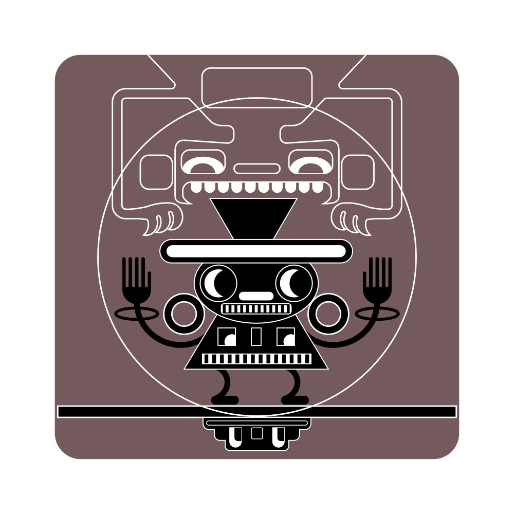 A new illustration of a sky monster descending on a small techno goddess in muted colors and cubist style. 