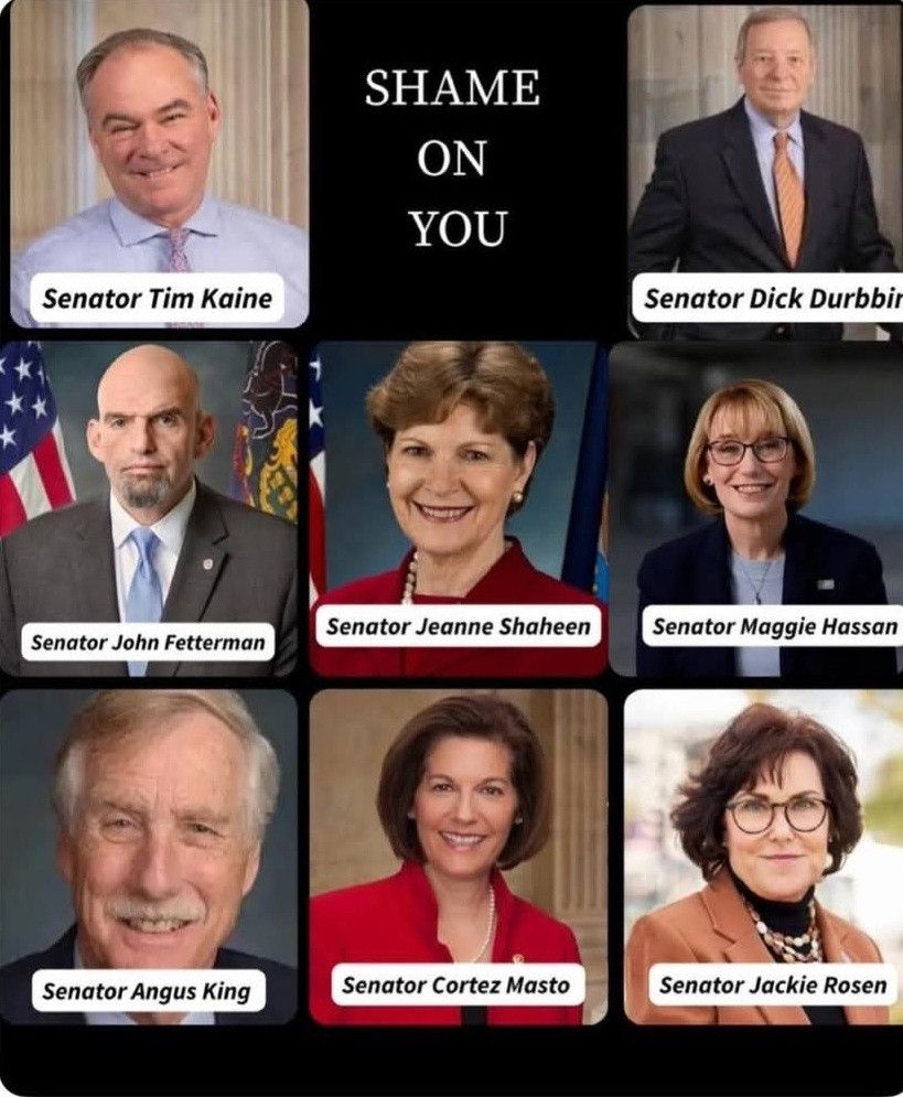 Tim Kaine, Dick Durbin, John Fetterman, Jeanne Shaheen, Maggie Hassan, Angus King, Cortez-Masto, Jackie Rosen. The Shameful Eight. Primary those who are not retiring.