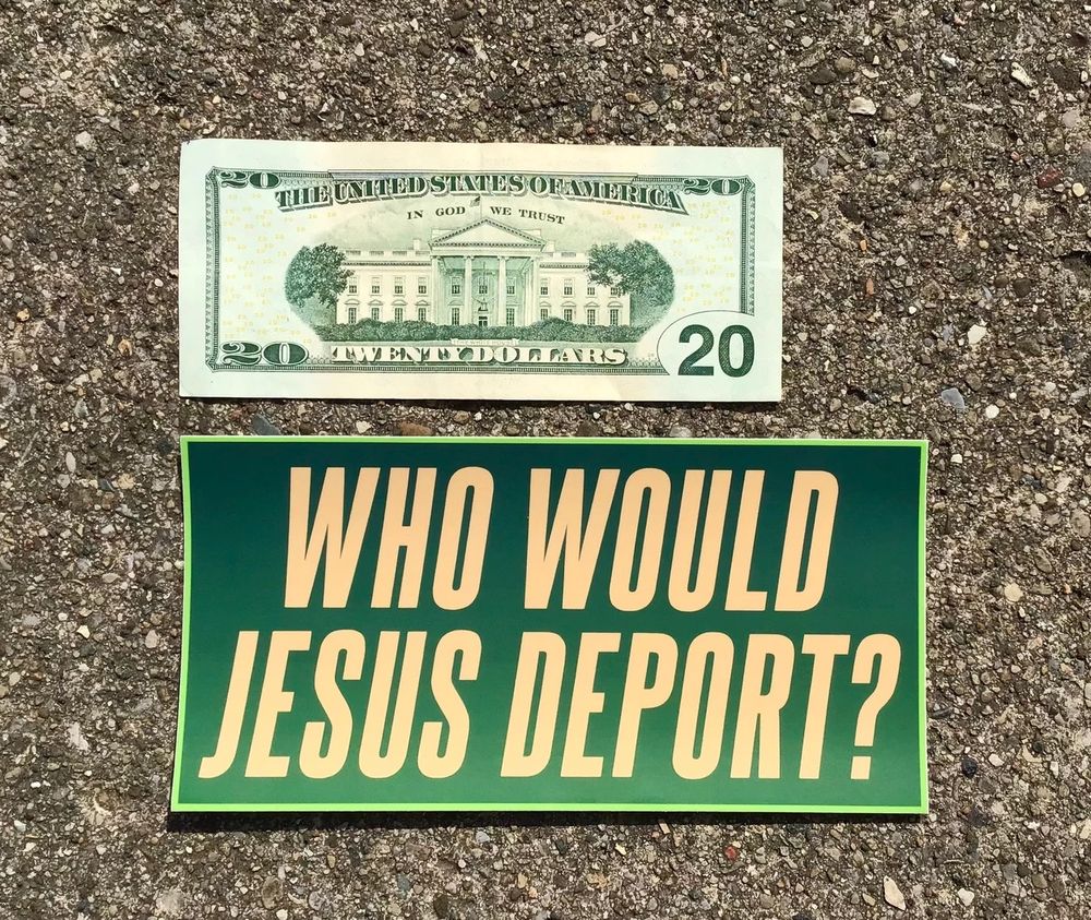 The same sticker as in the previous picture, but now compared to a $20 bill. The sticker is only a big longer and taller than the bill.