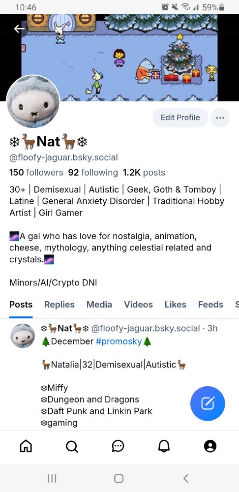 My Bluesky page with a Miffy avatar and an Undertale head banner. 