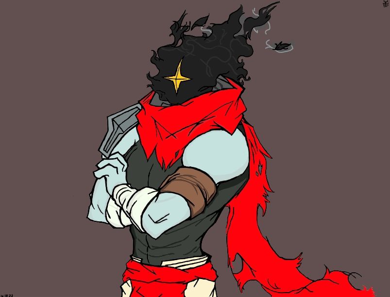 O personagem de dead cells"o prisioneiro", corpo sem cabeça que no lugar e apenas uma chama escura com uma espécie de estrela,tem faixas pelos braços,usa uma espécie de cachecol vermelho rasgado,tem uma ombreira e está de braços cruzados|The dead cells character"the prisoner",headless body in place and just a dark flame with a kind of star,has bands on his arms,wears a kind of torn red scarf He has his arms crossed