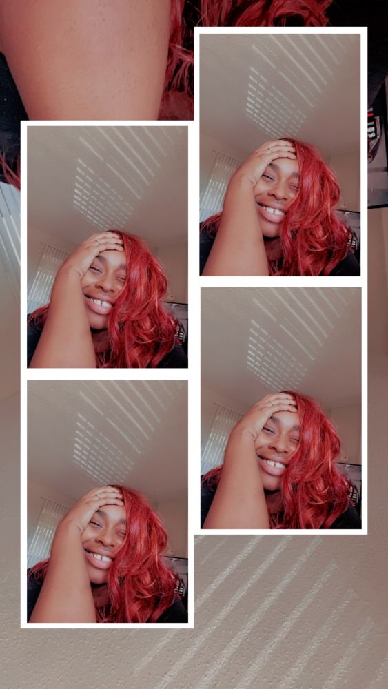 A four paneled selfie of the poster in a red wig with a full smile 