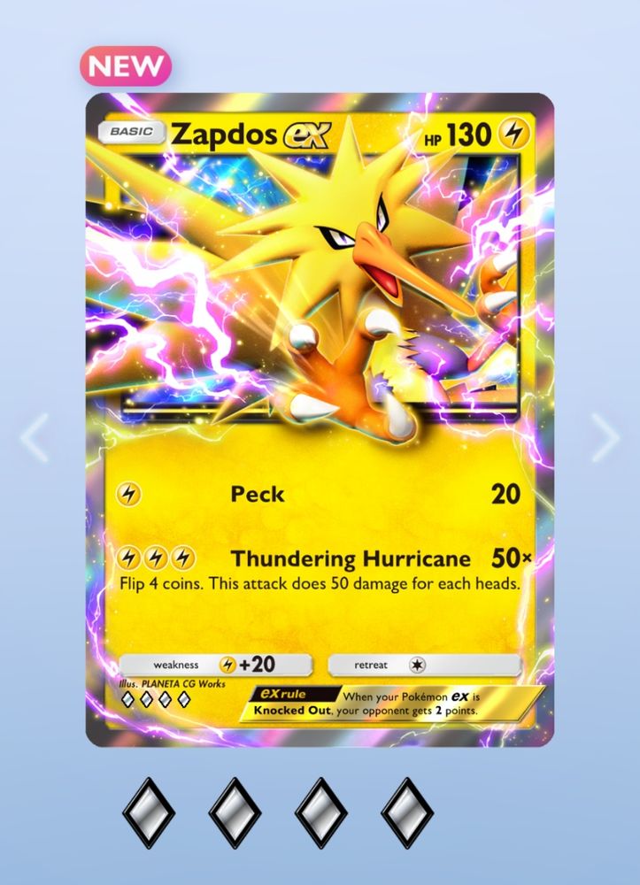 A shiny Zapdos EX Pokemon card from the Pokemon mobile card game*