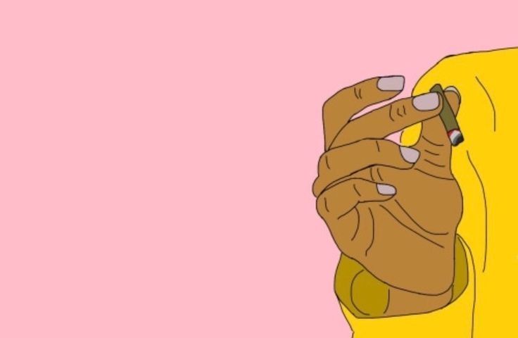 a brown hand holding a half smoked, lit, blunt, a long sleeved yellow shirt visible. A baby pink background for the left of the hand, cutting off so just a hand and shoulder is in view. 