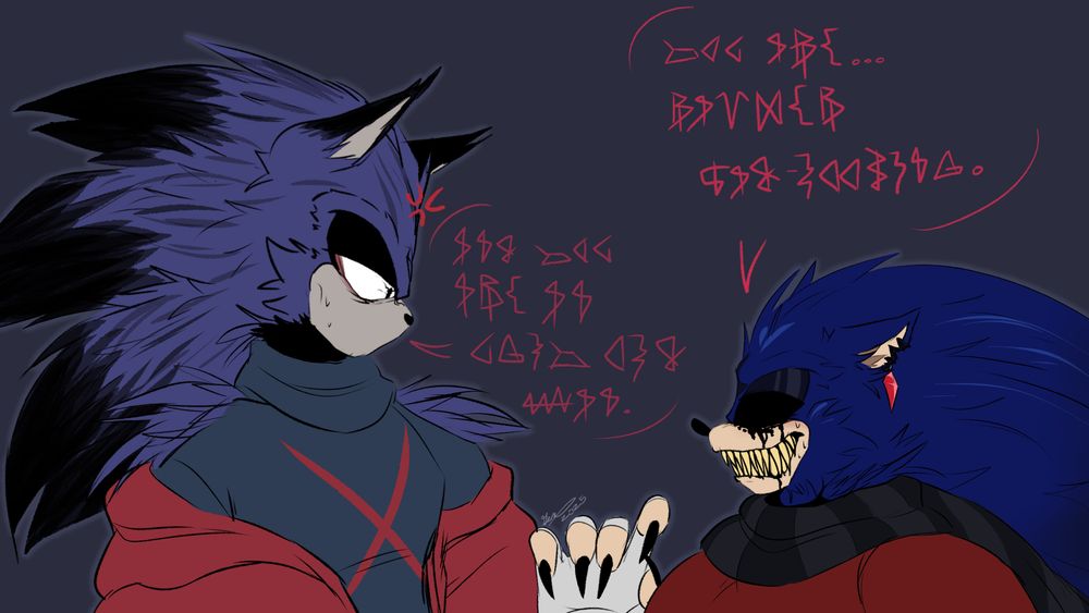 Art of my X kinsona (right) talking to SimulaLive!EXE (right). Both are talking in Voidspeak, their own native languages.

X: You are... Rather sad-looking.
EXE: And you are an ugly old man.