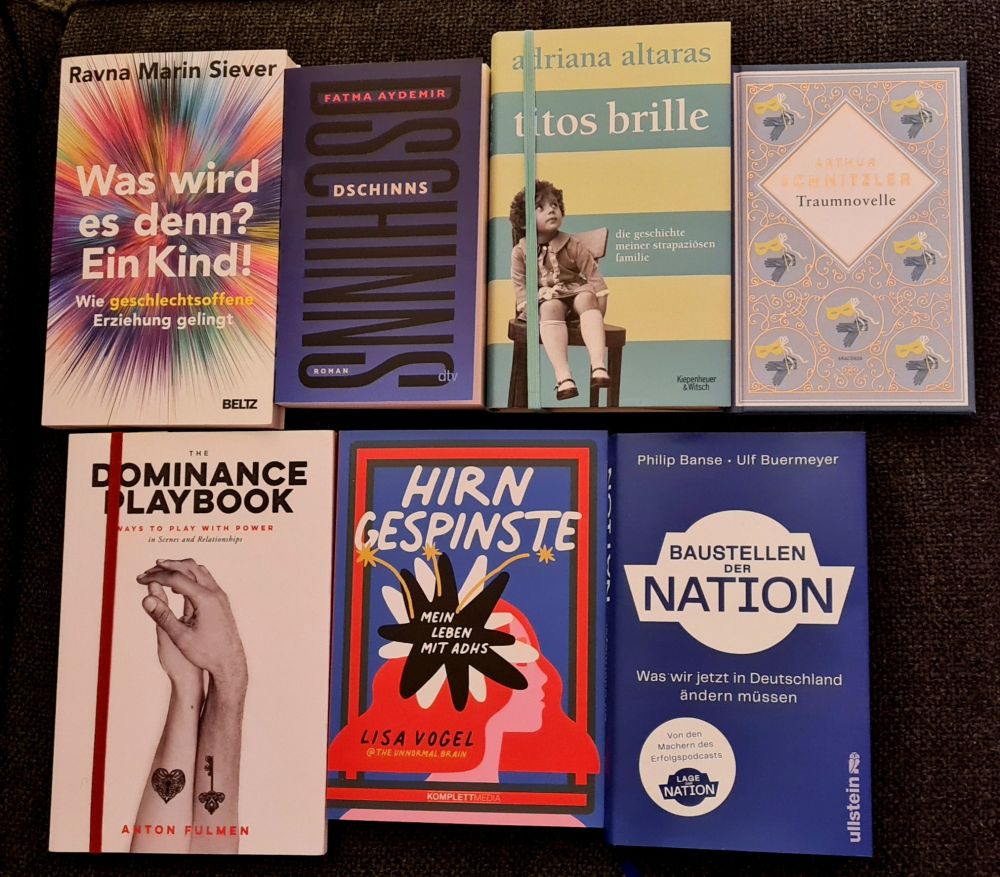 Alle genannten Bücher liegen in dieser Reihenfolge auf einem dunkelgrauen Stoff. Bei Titos Brille und The Dominance Playbook sind Gummibänder der Lesezeichen zu sehen.