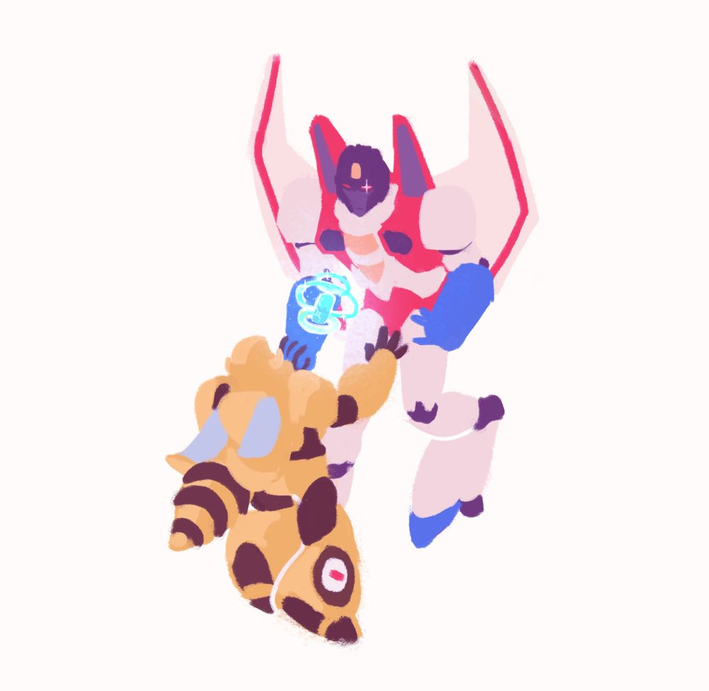 Colored lineless art of Bumblebee and Starscream from Transformers. They're floating in a white void, their sparks merged together between them. They're holding hands with one pair of hands and reaching for one another with the other pair.