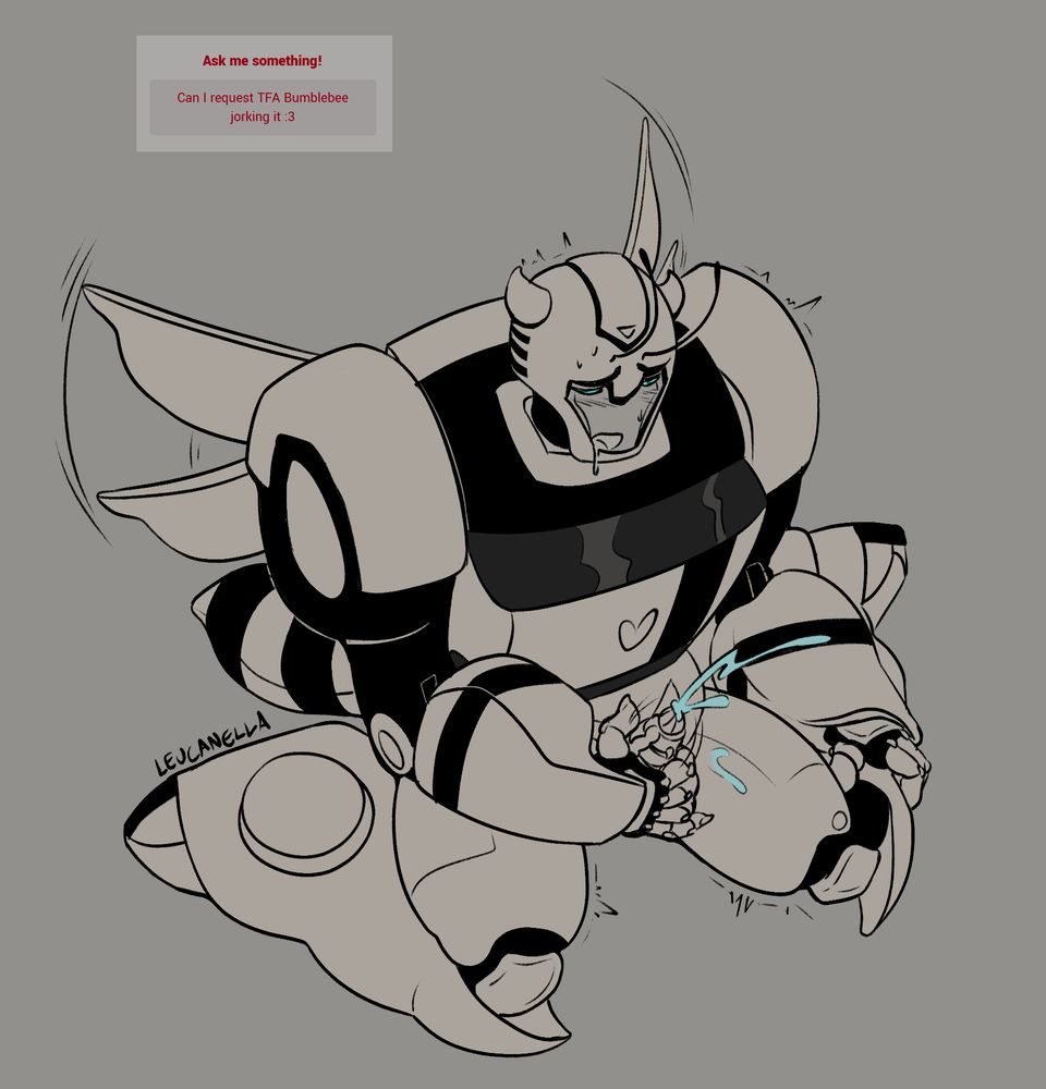 A drawing of Bumblebee from Transformers Animated, jerking off. He's overloading from his spike. A screenshot of a straw.page ask reads "Can I request TFA Bumblebee jorking it :3".