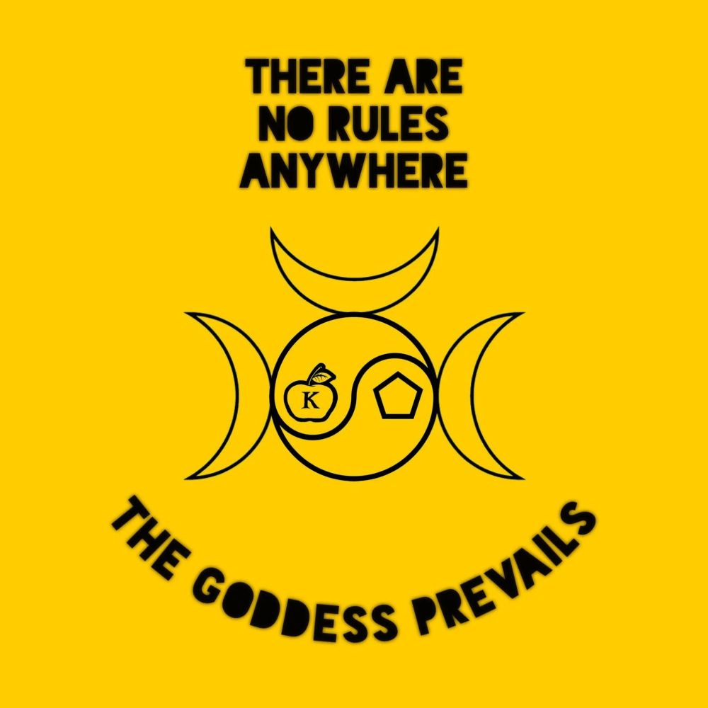 Bright yellow Discordian graphic. At the center is a stylized triple-moon symbol with a yin-yang-like circle in the middle. Inside the circle are two iconic Discordian emblems: the golden apple of Eris marked with a “K” on the left, and a black pentagon on the right.

Above the symbol, bold black text reads: “THERE ARE NO RULES ANYWHERE.” Below, curved text proclaims: “THE GODDESS PREVAILS.”

The design blends chaos mysticism with parody religion aesthetics, declaring devotion to Eris, goddess of discord.

Generated with Bluesky AltText, a CustomGPT.

