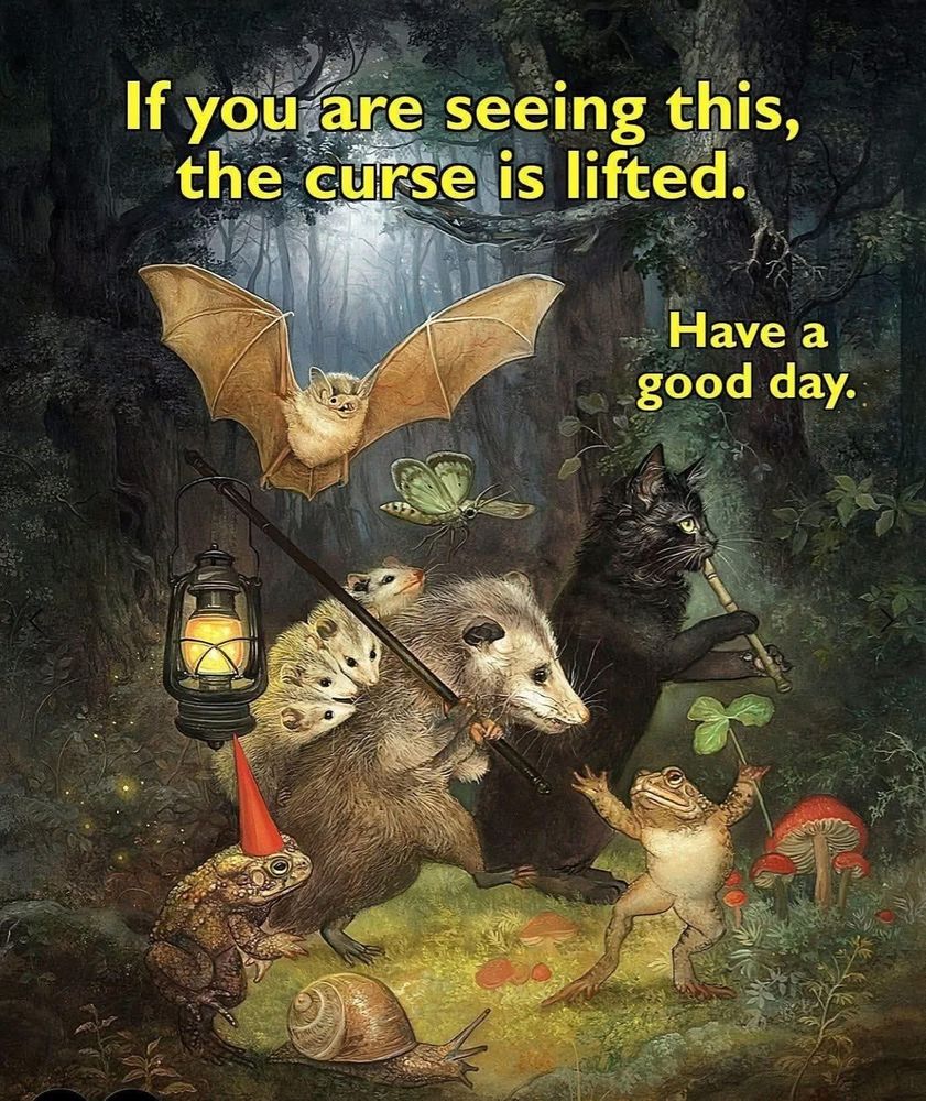 Alt-text: In a lush, moonlit forest painted with storybook detail, a joyful procession of woodland creatures parades forward. A possum marches upright with three babies clinging to its back, carrying a lantern on a pole. A bat swoops overhead, wings spread wide. A black cat plays a wooden flute while walking on hind legs. A toad in a tiny red party hat perches beside a snail, and another toad dances enthusiastically while clutching a four-leaf clover. Fireflies, butterflies, mushrooms, and thick old trees frame the scene. Bright yellow text reads: “If you are seeing this, the curse is lifted. Have a good day.” The whole image feels like a whimsical folk-tale blessing breaking through the undergrowth. Generated with Bluesky AltText, a CustomGPT.