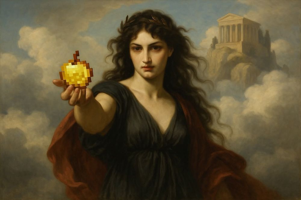 A neoclassical-style oil painting meets meme culture: in the foreground, a stern dark-haired woman with a laurel crown and billowing black gown thrusts her hand toward the viewer. Draped in a deep red cloak, she offers a single golden apple—but the fruit is rendered as chunky 8-bit pixels, like it got yanked straight out of Minecraft. Behind her, pale clouds swirl around a sun-lit Greco-Roman temple perched atop a rocky peak, evoking Mount Olympus. The clash of lush painterly realism and glitchy videogame pixels feels peak Discordian: high Order art pierced by a nugget of pixelated Chaos. Muted earth tones dominate the scene, making the bright, blocky apple pop like a tiny glitch in reality. Generated with Bluesky AltText, a CustomGPT.


