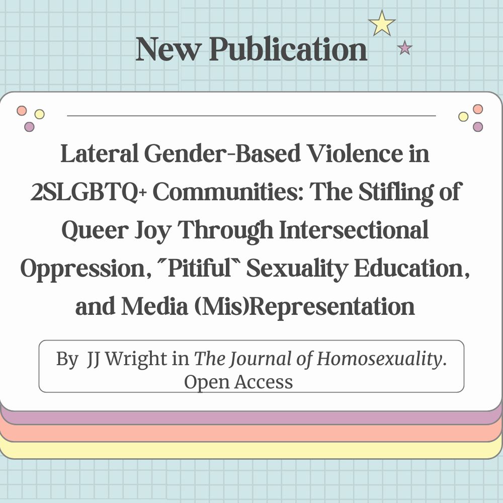 new publication: Lateral Gender-Based Violence in 2SLGBTQ+ Communities: The Stifling of Queer Joy Through Intersectional Oppression, “Pitiful” Sexuality Education, and Media (Mis)Representation. jj wright in the journal of homosexuality. open access