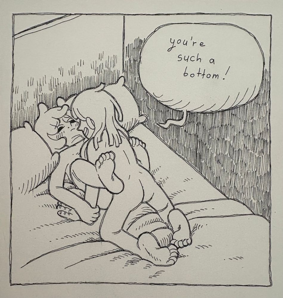 An intimate scene with two women in bed. One is one top of the other, saying, “you’re such a bottom!”