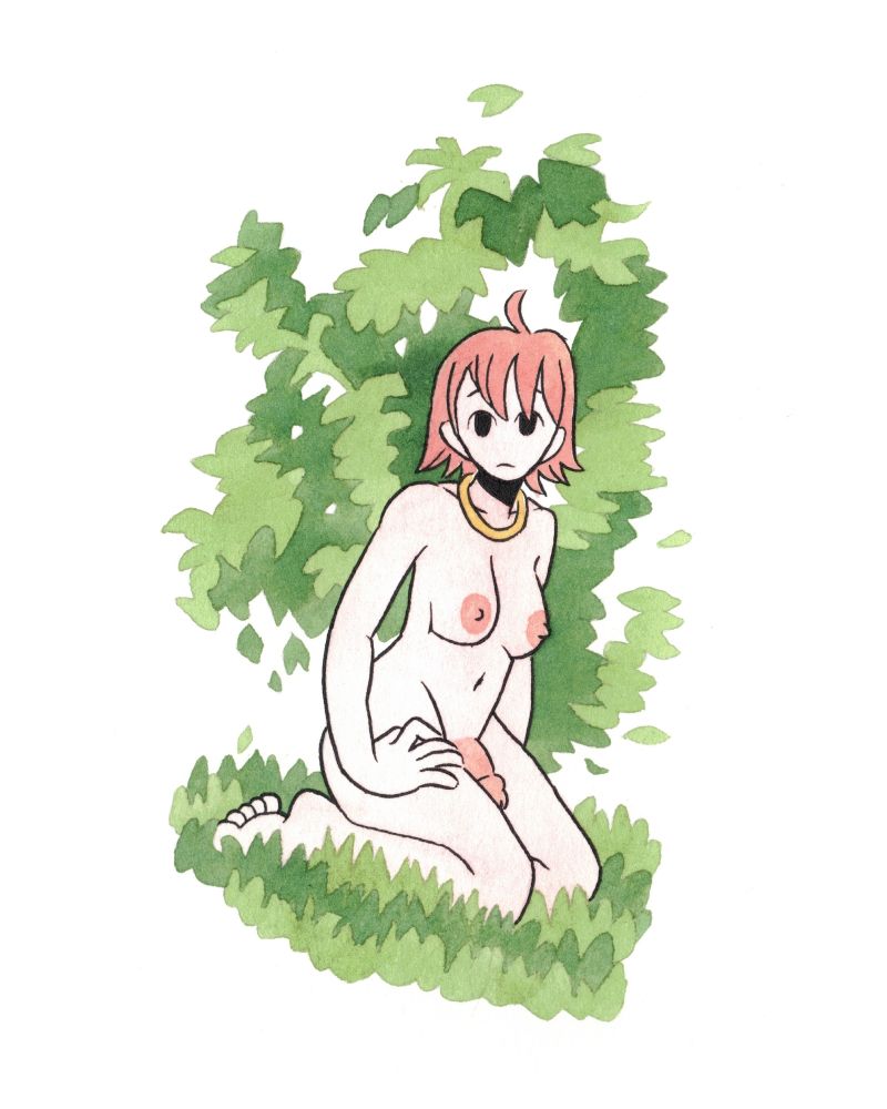 A nude trans woman, with short red hair and wearing a gold necklace, kneels in the grass and looks out at the viewer.