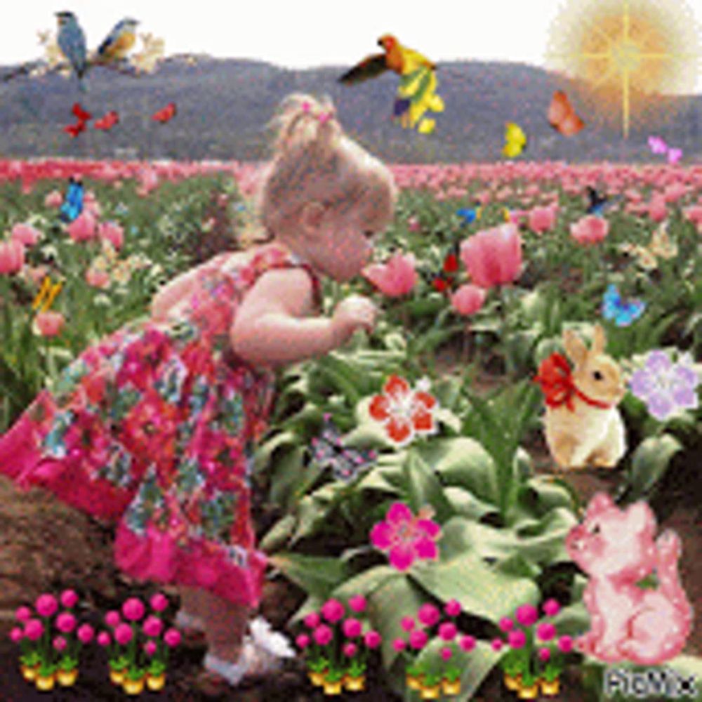 a little girl in a pink dress is picking flowers in a field