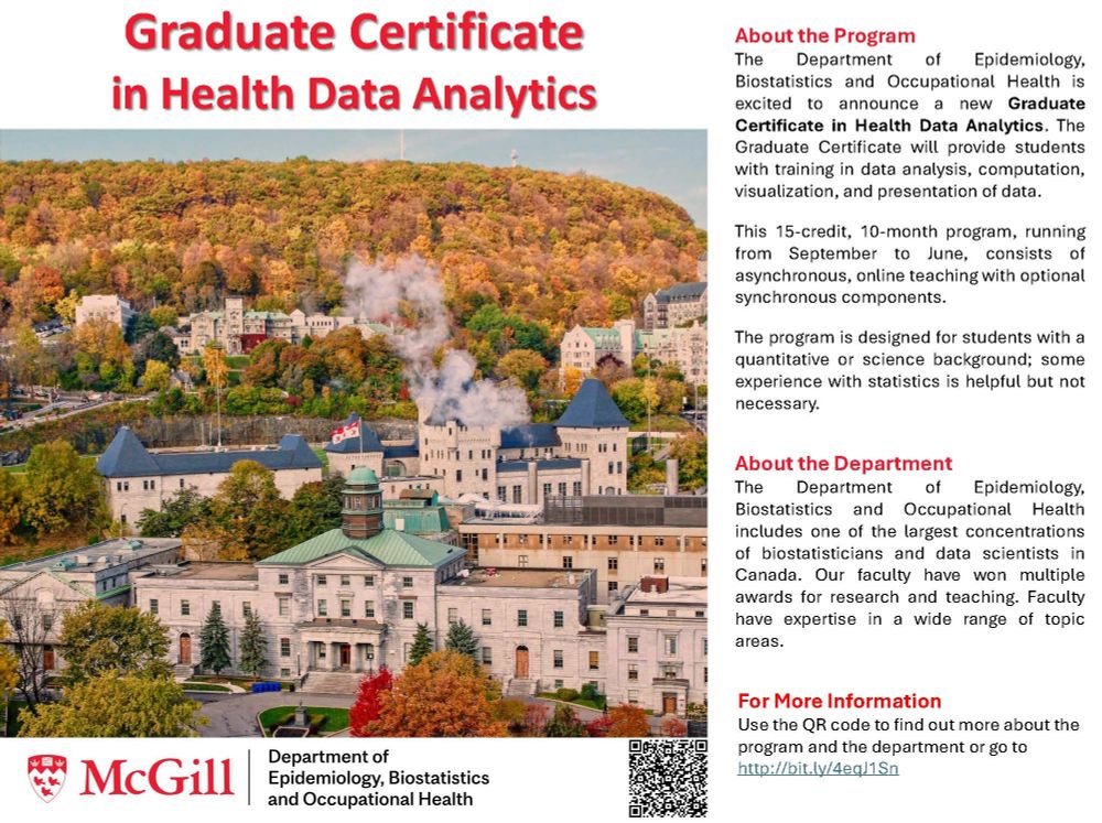 Flyer for the McGill Graduate Certificate in Health Data Analytics showing an aerial view of the McGill campus.
Text: About the Program
The Department of Epidemiology, Biostatistics and Occupational Health is excited to announce a new Graduate Certificate in Health Data Analytics. The Graduate Certificate will provide students with training in data analysis, computation, visualization, and presentation of data.
This 15-credit, 10-month program, running from September to June, consists of asynchronous, online teaching with optional synchronous components.
The program is designed for students with a quantitative or science background; some experience with statistics is helpful but not necessary.
About the Department
The Department of Epidemiology, Biostatistics and Occupational Health includes one of the largest concentrations of biostatisticians and data scientists in Canada. Our faculty have won multiple awards for research and teaching. Faculty have expertise in a wide range of topic areas.
For More Information
Use the QR code to find out more about the program and the department or go to http://bit.ly/4eqJ1Sn