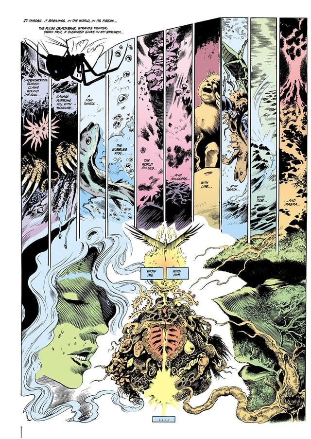 From Saga of the Swamp Thing #34. Abigail eats the psychedelic fruit of Swamp Thing, which leads to her seeing the world through Swamp Thing's eyes. It ends with the two climaxing and becoming one. 