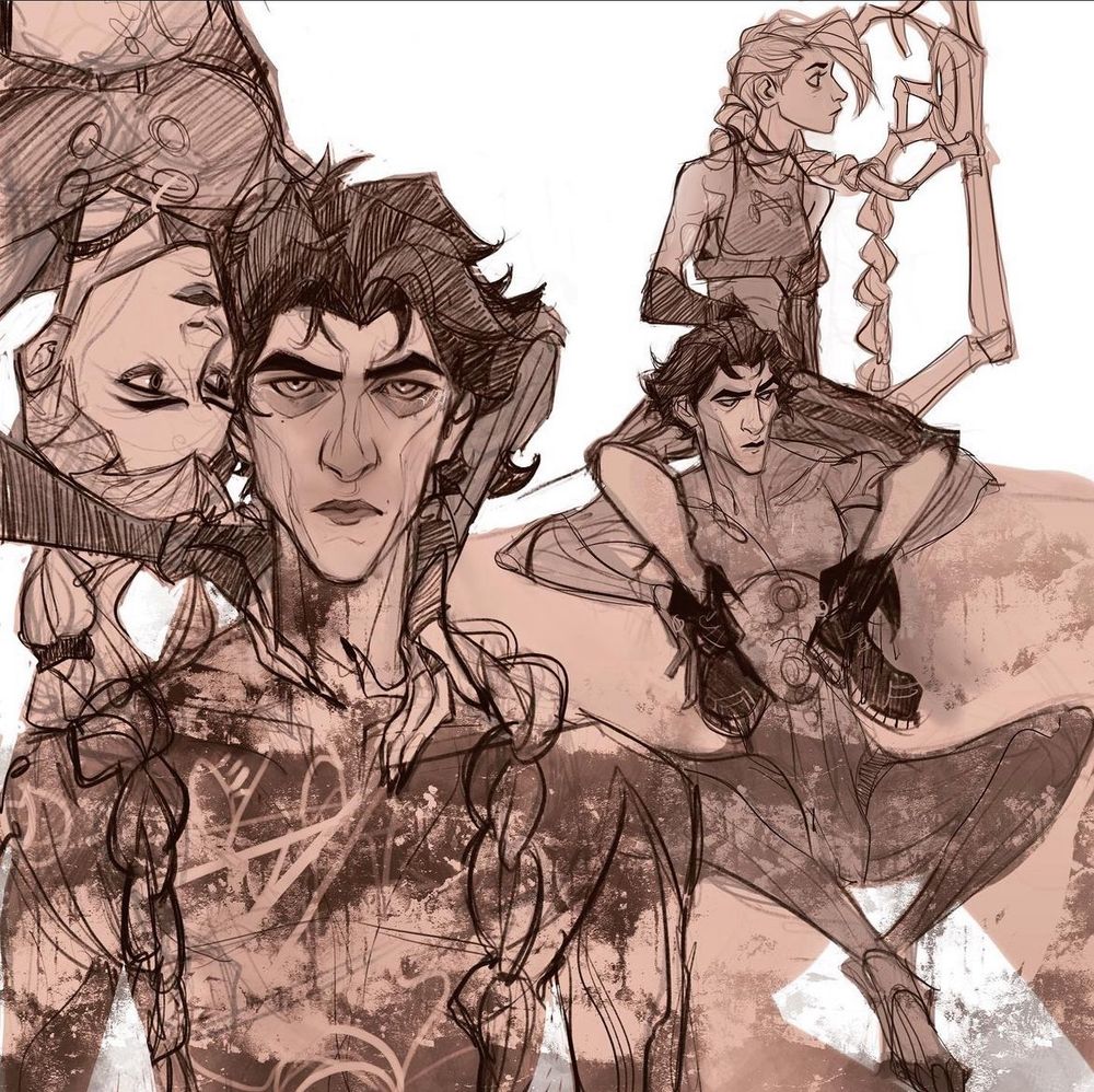 Arcane’s characters Jinx and Viktor. Jinx is hanging upside down while framing Viktor’s face with her hands, her braids dropping down his graffitied figure. 
Jinx and Viktor sitting casually while Viktor’s extension curiously holds her braids. 