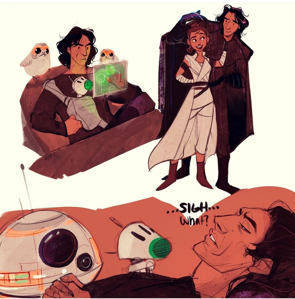 Ben trying to do work while babysitting d-0
And porgs. 
Ben shielding Rey from rain. 
Bb8 and D-0 staring at Ben while he meditates. 
