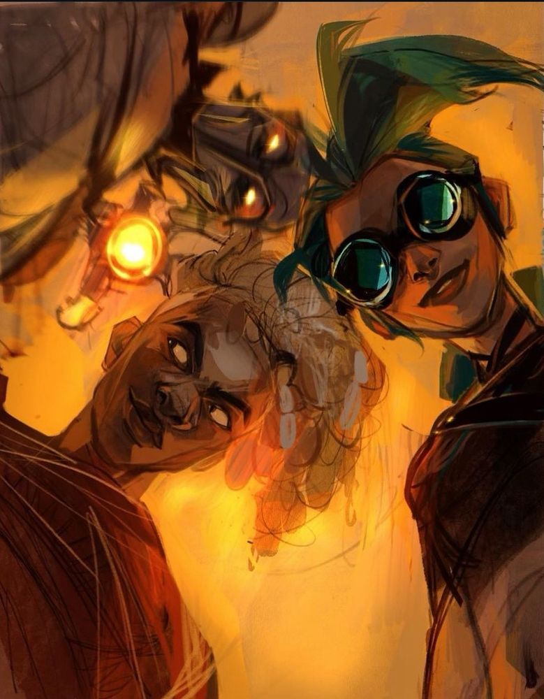 Fan art of Arcane/LoL characters Machine herald, Jinx and Echo looking down at viewer. 