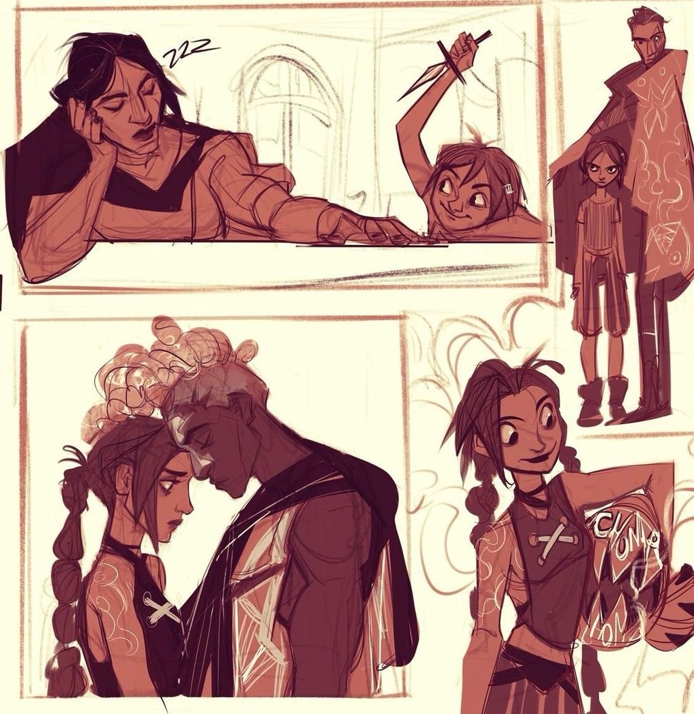 Random sketches of arcane characters featuring Sevika, Powder, Ekko, Jinx and Silco. 