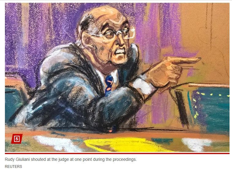 An absolutely bonkers courtroom sketch of Rudy Giuliani pointing and looking insane 