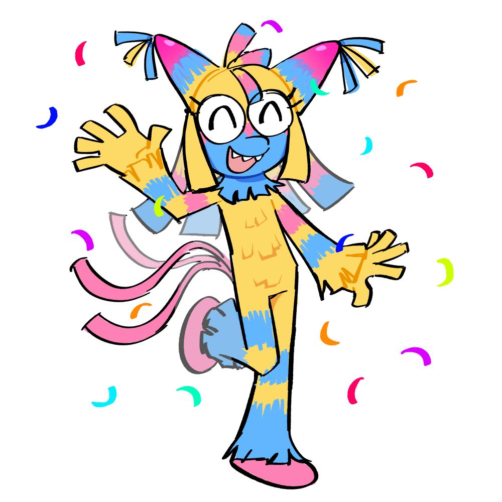 A drawing of Yatta the Piñata from Dandys World, smiling with confetti around her.