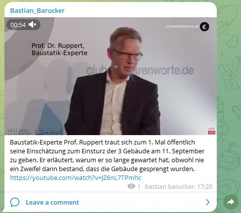 Bastian Barucker verbreitet den Veschwörungsmythos, dass das World Trade Center angeblich gesprengt worden sei.