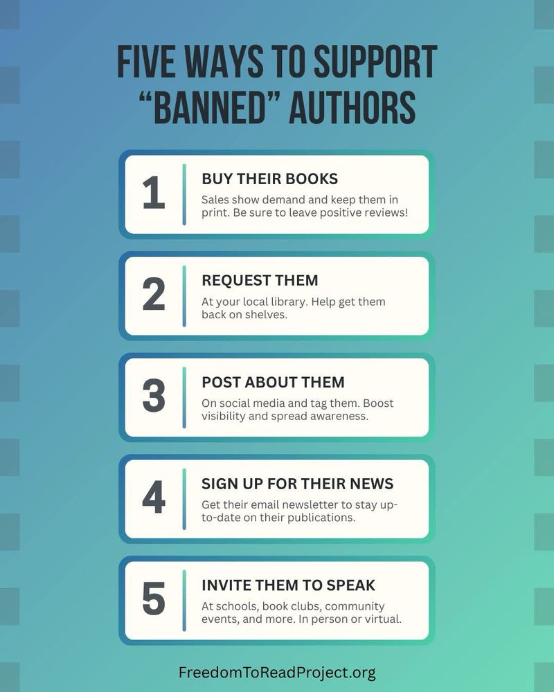 Ways to support banned authors: buy their books, request them at the library, post about them on social media, sign up for their newsletter, invite them to speak in person or virtually 